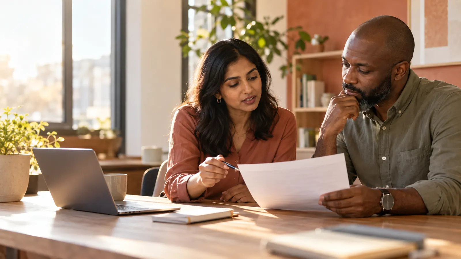 Two colleagues reviewing a compensation document together at a workplace table