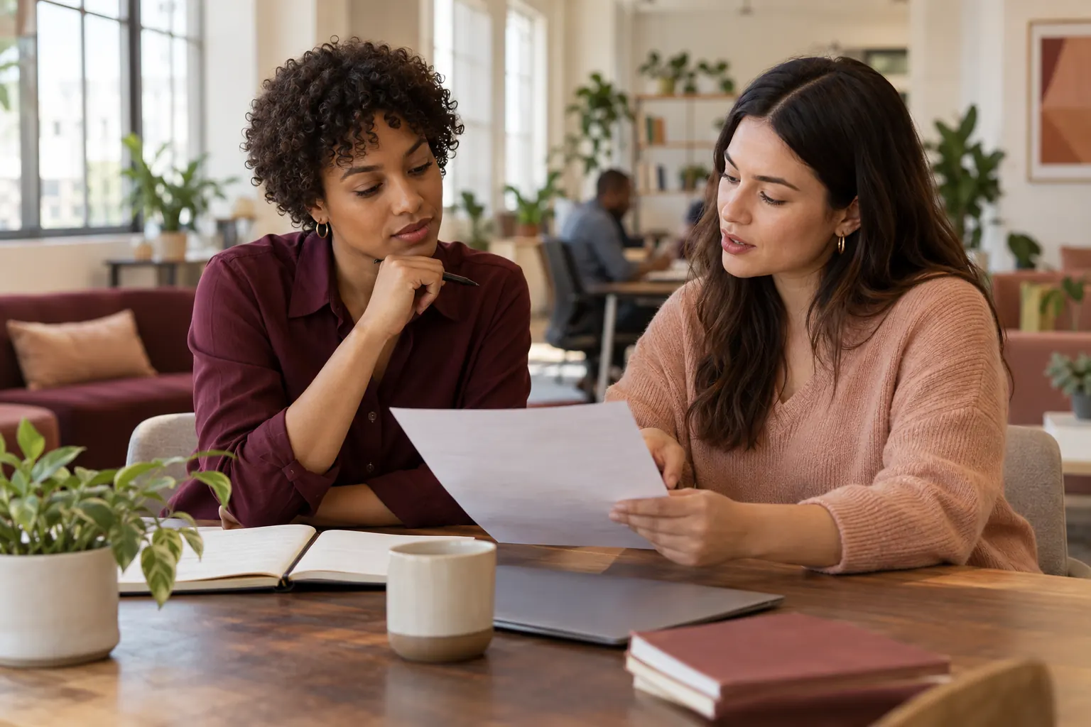 Colleagues discussing a document in a bright workplace